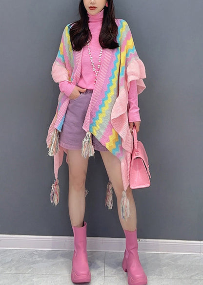 Autumn New Versatile Pink Knitted Tasseled Shawl