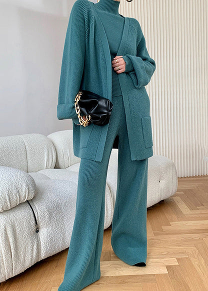 Autumn New Peacock Blue Knitted Wide Leg Pants Sweater and Cardigan 3 Piece Set