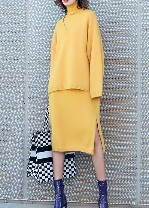 Autumn New Temperament Yellow High Collar Long-sleeved Sweater Suit Skirt Two-piece