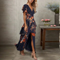KS | blue long dress with short sleeves and V-neckline
