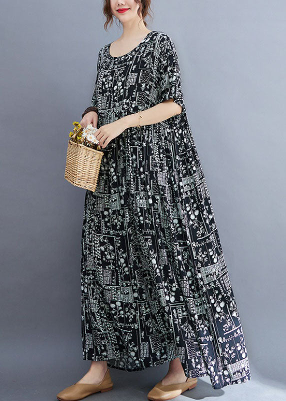 Baggy Black Wrinkled Patchwork Print Exra Large Hem Cotton Long Dress Short Sleeve