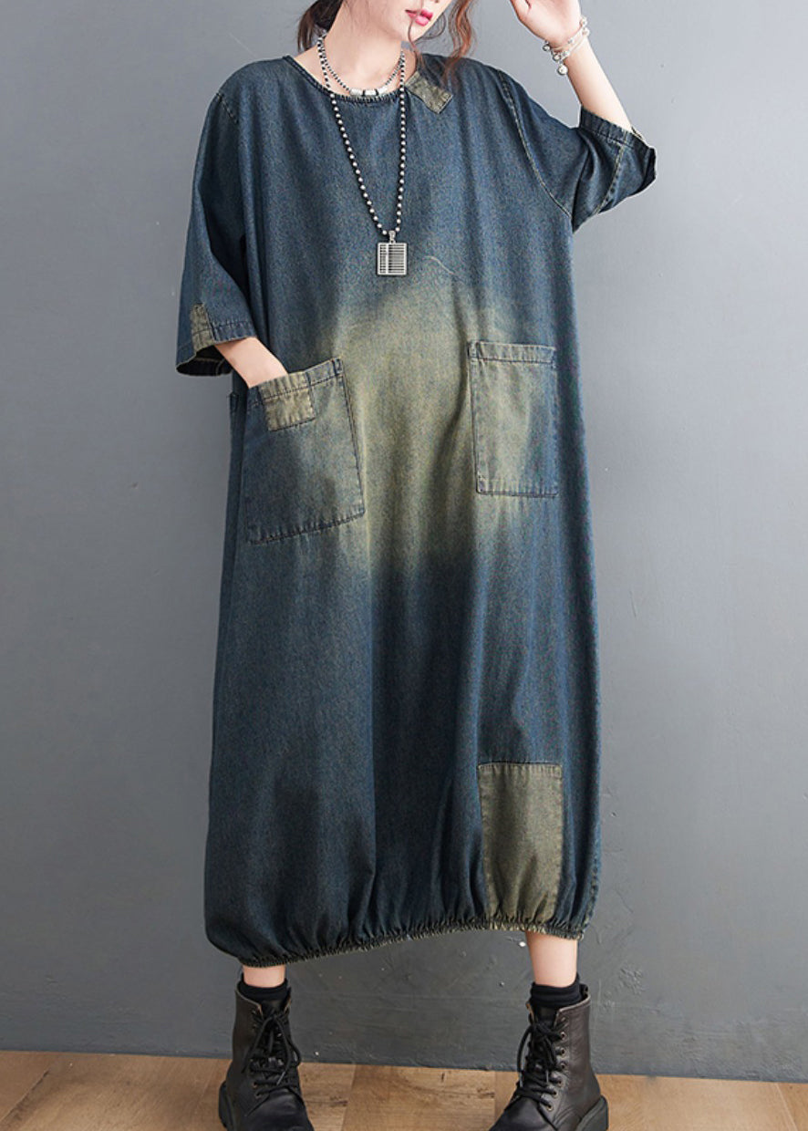 Baggy Blue O-neck Pockets Patchwork Denim Dresses Half Sleeve