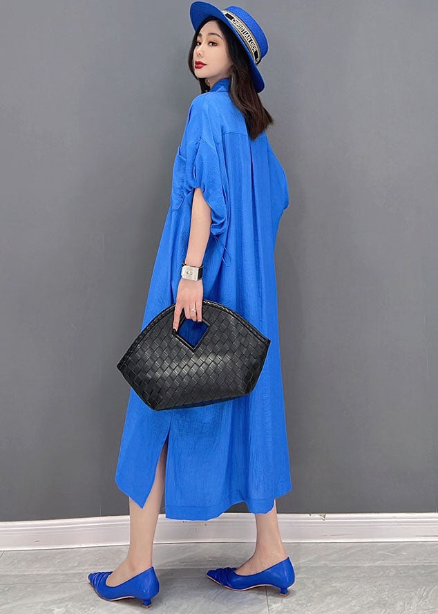 Baggy Blue Peter Pan Collar Oversized Cotton and Linen Shirt Dress Short Sleeve