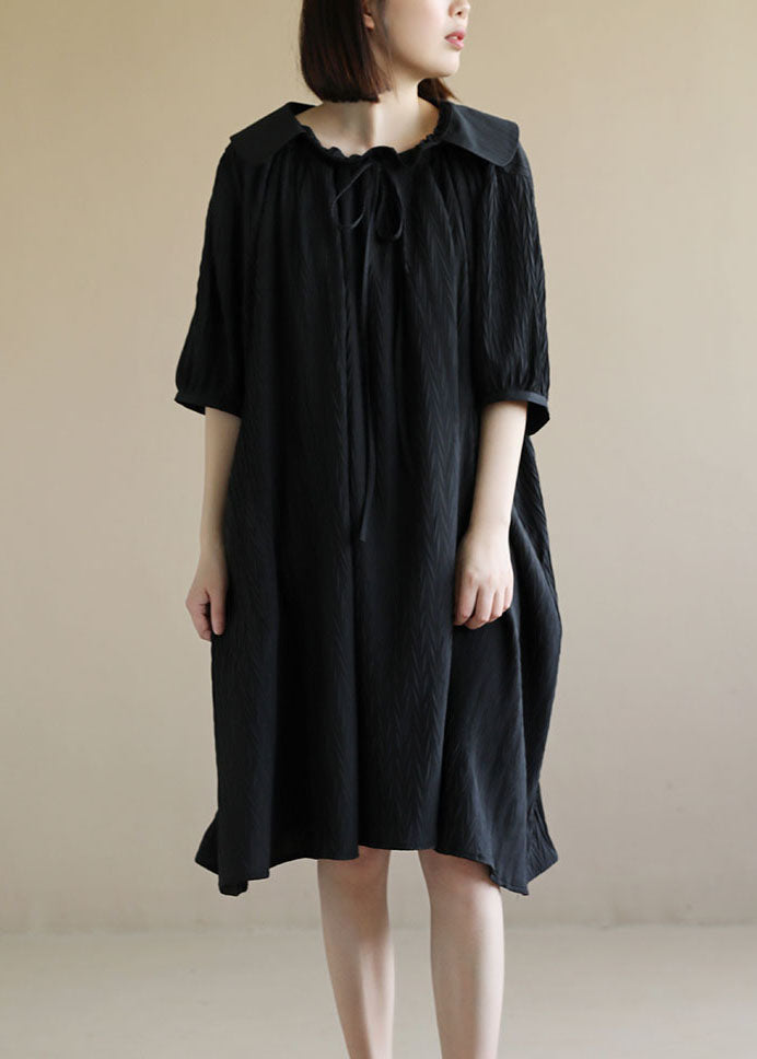 Baggy Black Peter Pan Collar Wrinkled Lace Up Maxi Dresses Short Sleeve