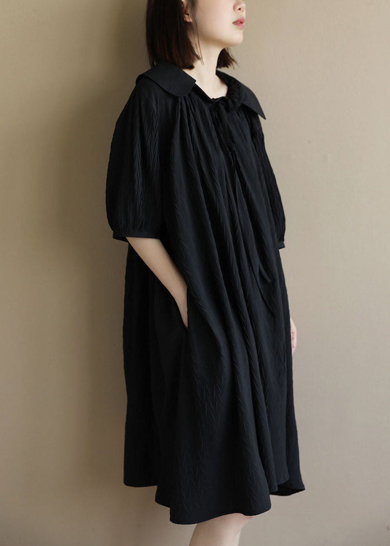 Baggy Black Peter Pan Collar Wrinkled Lace Up Maxi Dresses Short Sleeve