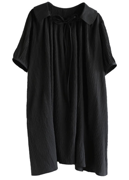 Baggy Black Peter Pan Collar Wrinkled Lace Up Maxi Dresses Short Sleeve