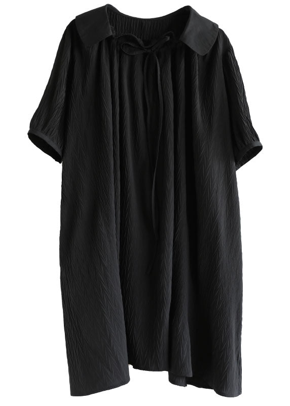 Baggy Black Peter Pan Collar Wrinkled Lace Up Maxi Dresses Short Sleeve