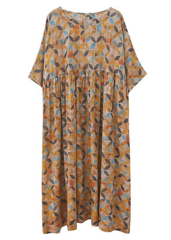 Baggy Yellow O-neck Wrinkled Leaf Print Linen Ankle Dress Half Sleeve