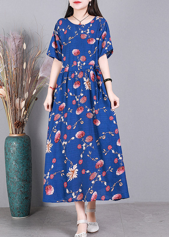 Beach Blue O-neck Print Drawstring Tie Waist Linen Vacation Dresses Short Sleeve