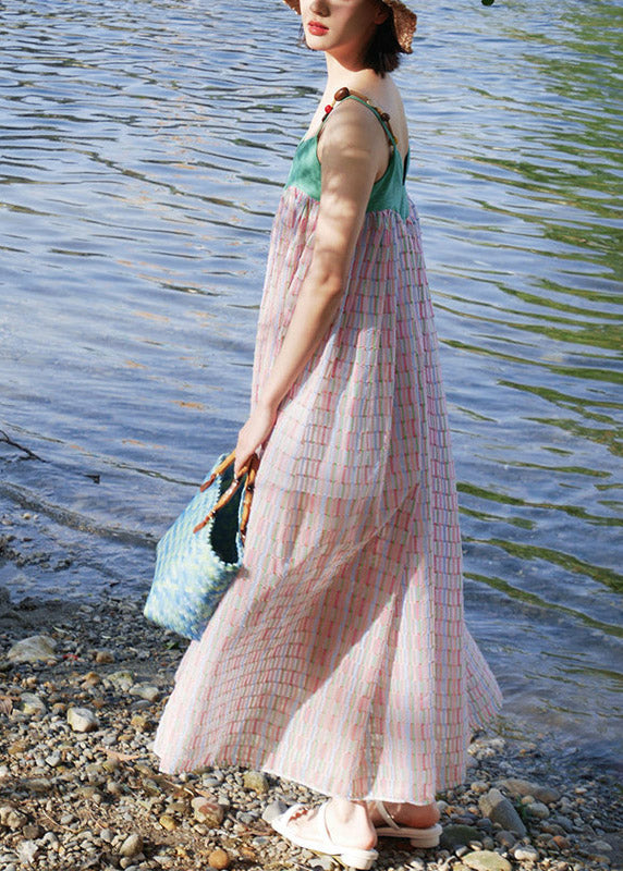 Beach Colorblock V Neck Patchwork Holiday Maxi Dress Sleeveless