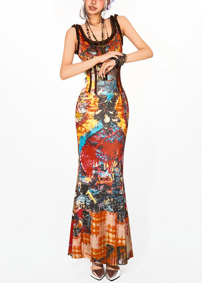 Beach Rainbow O-neck Holiday Long Spaghetti Strap Fishtail Dress Sleeveless