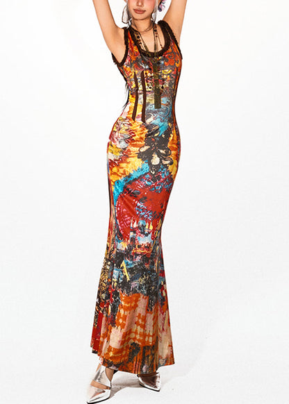 Beach Rainbow O-neck Holiday Long Spaghetti Strap Fishtail Dress Sleeveless