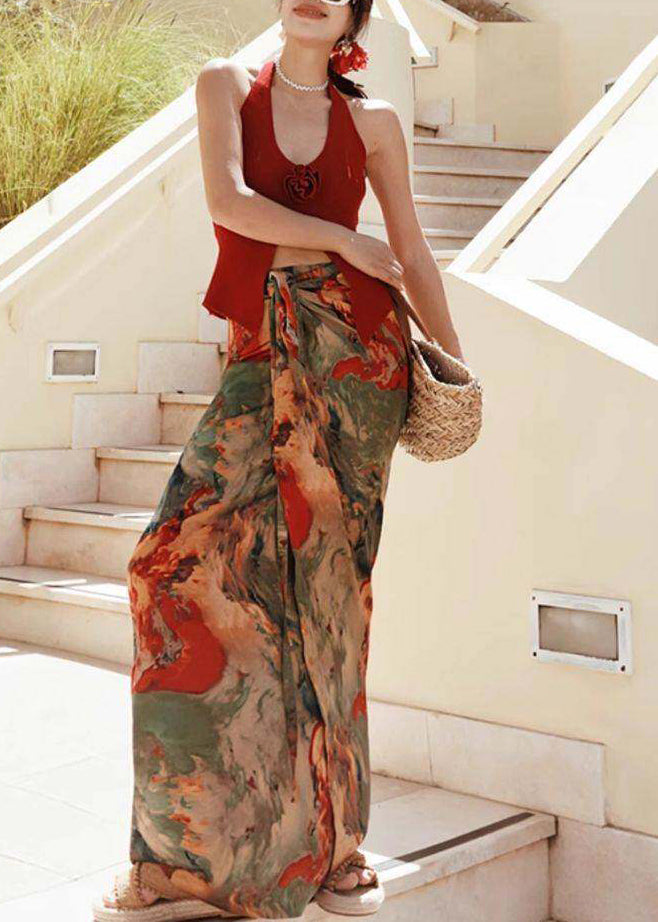 Beach Red Vest and Maxi Skirts Two Pieces Set Summer