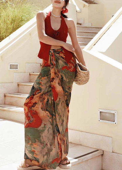 Beach Red Vest and Maxi Skirts Two Pieces Set Summer