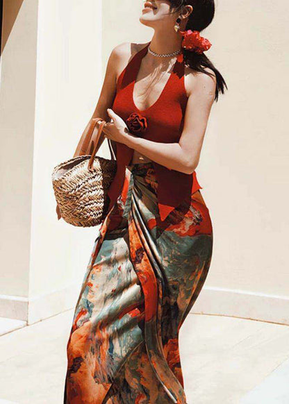Beach Red Vest and Maxi Skirts Two Pieces Set Summer