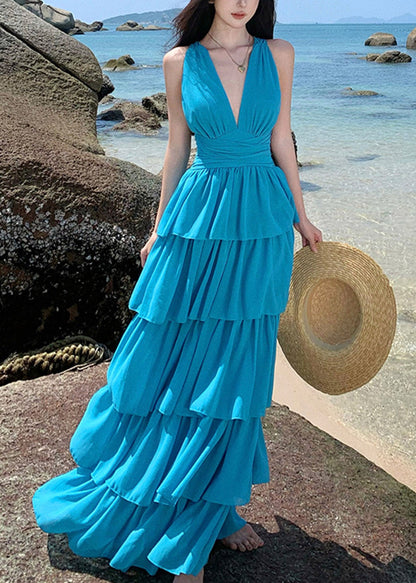 Beach Red V Neck Halter Backless Maxi Cake Dress Sleeveless