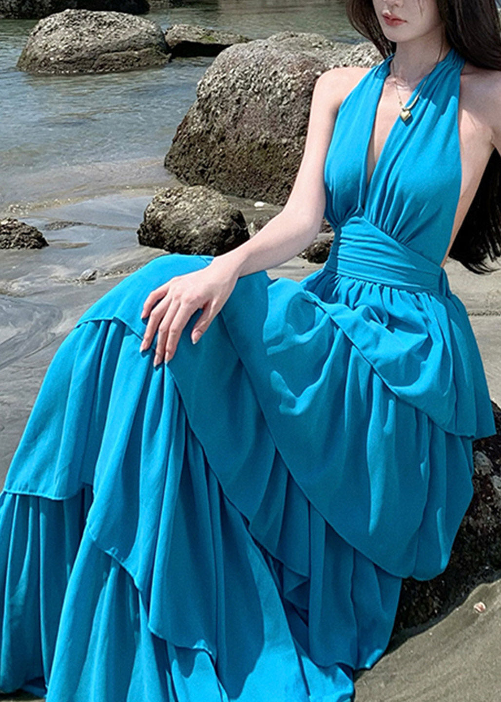 Beach Red V Neck Halter Backless Maxi Cake Dress Sleeveless