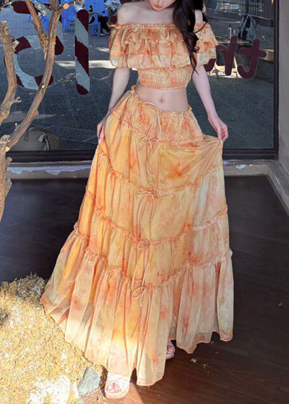 Beach Yellow Cold Shoulder Ruffled Top and Maxi Skirts Two Pieces Set Short Sleeve