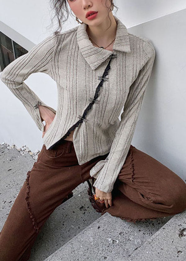 Apricot Asymmetrical Patchwork Knit Sweater Tops Long Sleeve
