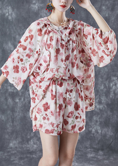 Apricot Hooded Print Chiffon Sets 2 Pieces Summer