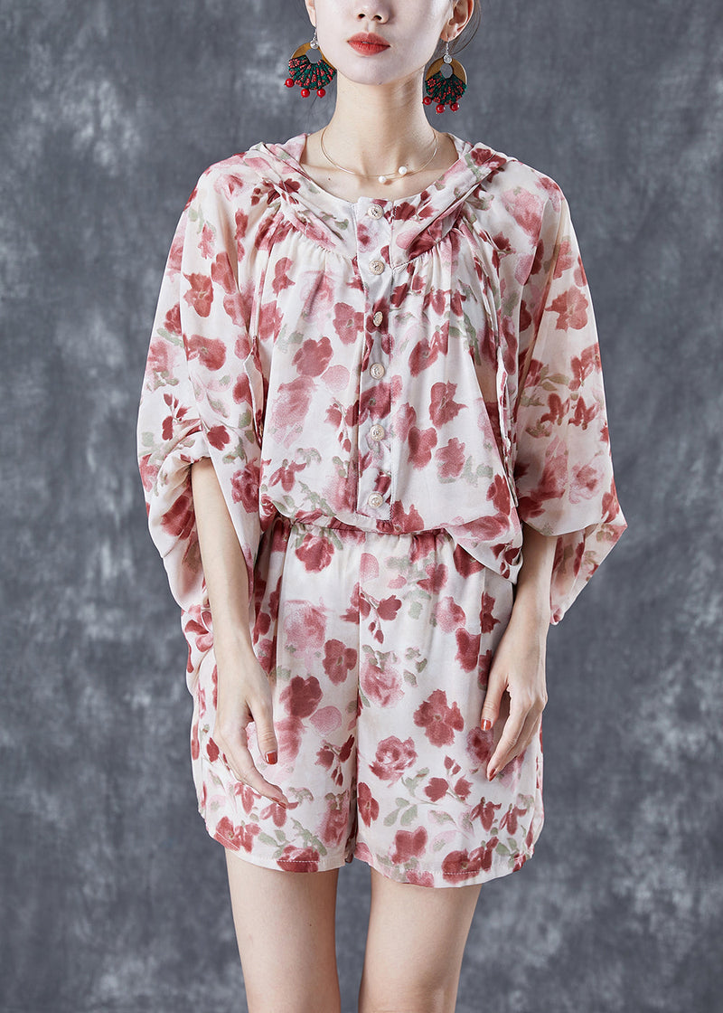Apricot Hooded Print Chiffon Sets 2 Pieces Summer