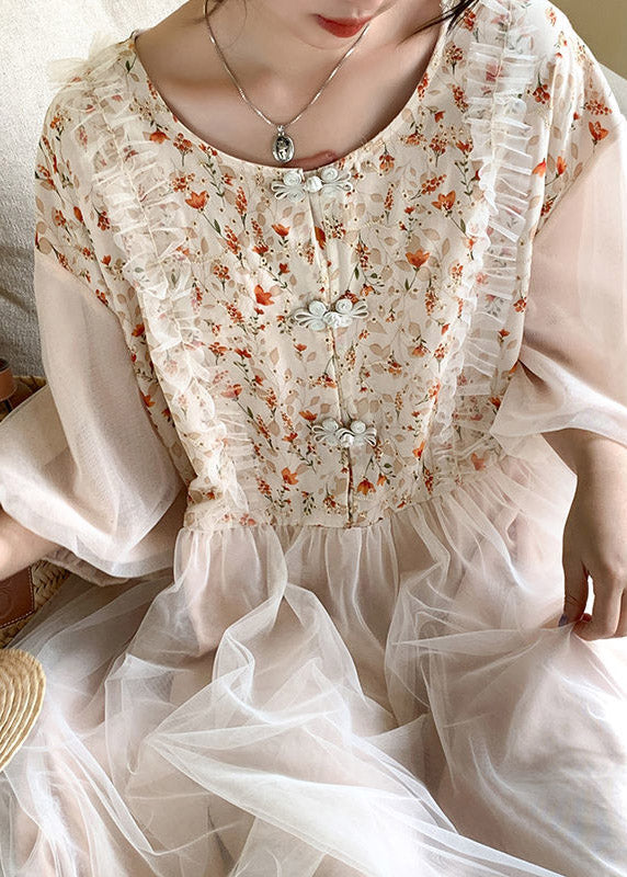 Apricot O-neck Embroideried Tulle Patchwork Maxi Dresses Half Sleeve