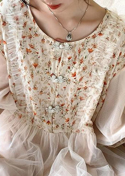 Apricot O-neck Embroideried Tulle Patchwork Maxi Dresses Half Sleeve