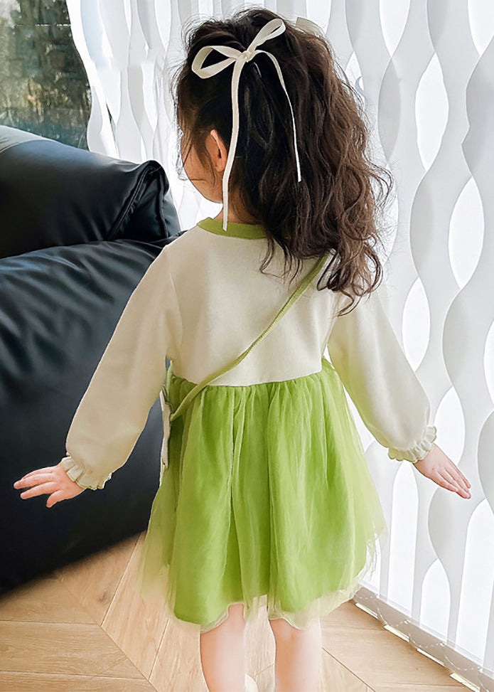 Apricot O-neck Tulle Patchwork Kids Mid Dress Fall