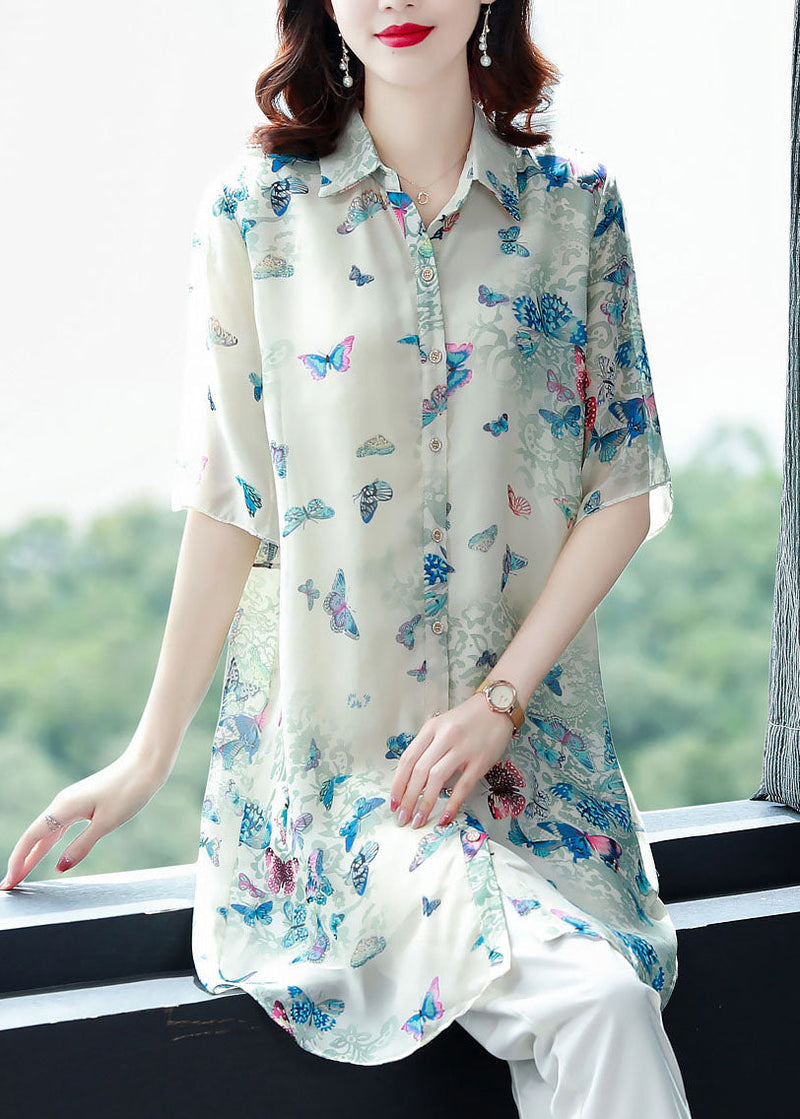 Apricot Peter Pan Collar Butterfly Print Chiffon Shirts Top Summer