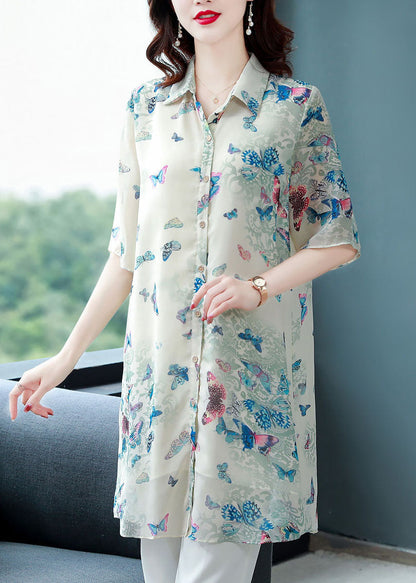 Apricot Peter Pan Collar Butterfly Print Chiffon Shirts Top Summer