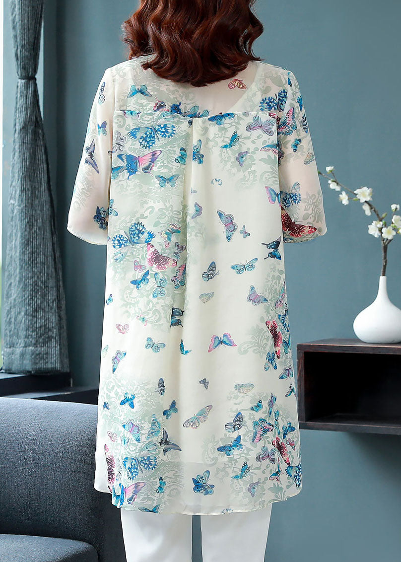 Apricot Peter Pan Collar Butterfly Print Chiffon Shirts Top Summer
