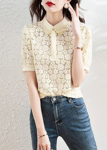 Apricot Peter Pan Collar Lace T Shirt Summer