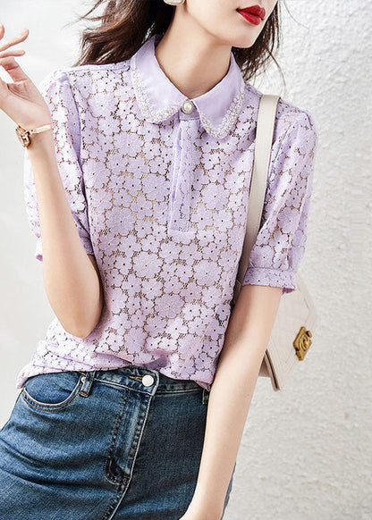 Apricot Peter Pan Collar Lace T Shirt Summer