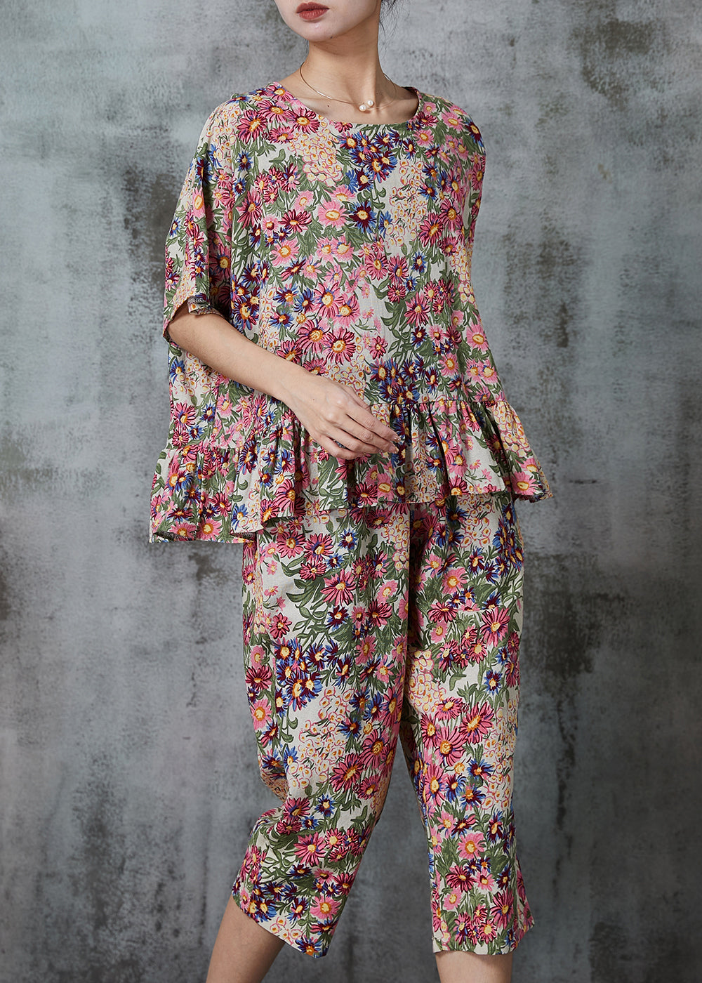 Apricot Print Cotton Two Pieces Set Summer