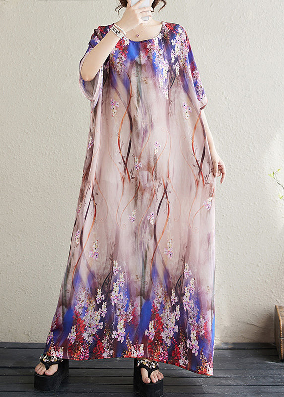 Apricot Print Loose Sundresses Batwing Sleeve