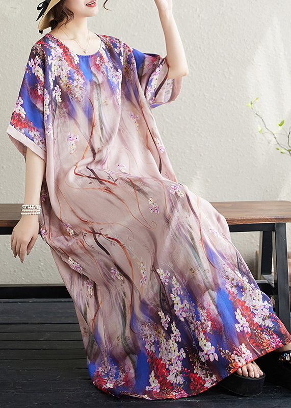 Apricot Print Loose Sundresses Batwing Sleeve