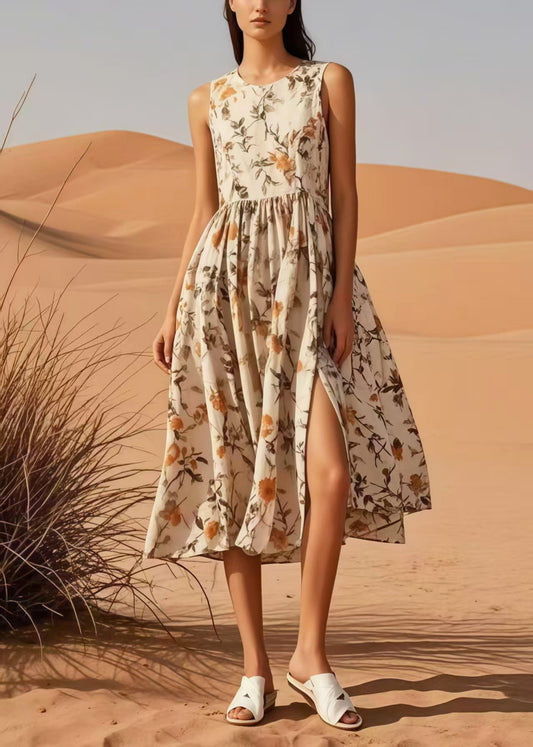 Apricot Print Side Open Cotton Long Dress Sleeveless