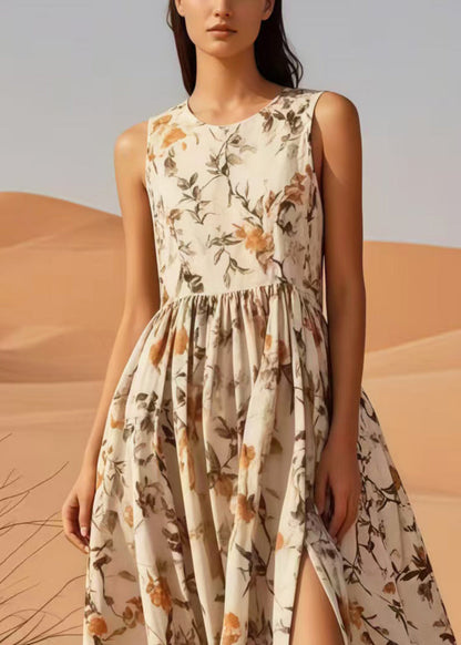 Apricot Print Side Open Cotton Long Dress Sleeveless