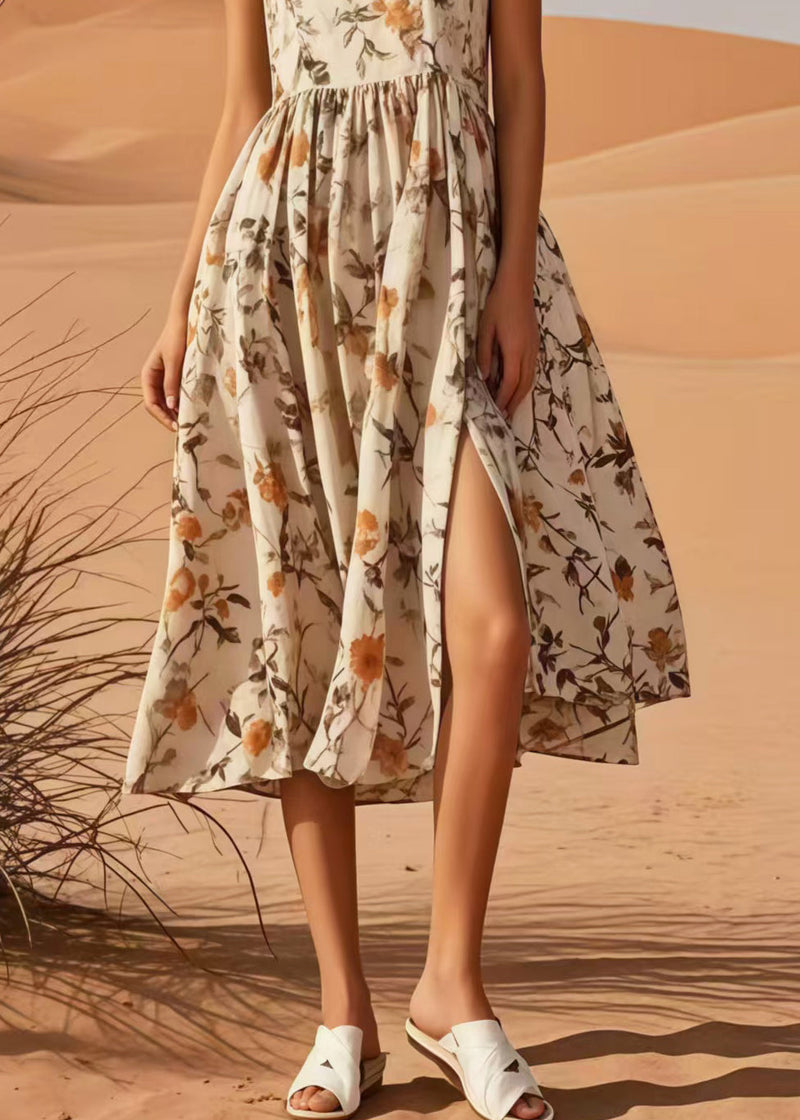 Apricot Print Side Open Cotton Long Dress Sleeveless