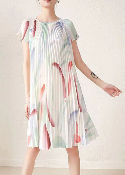Apricot Print Wrinkled Party Mid Dress Short Sleeve