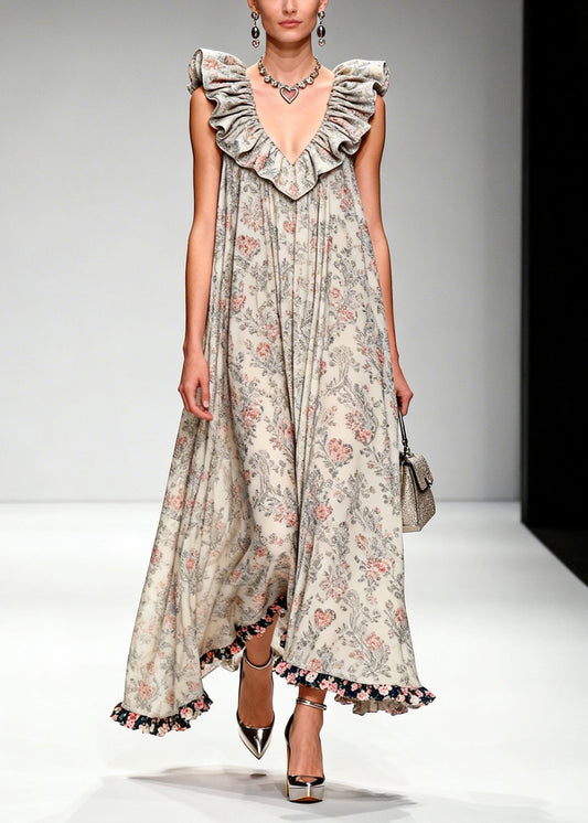 Apricot Ruffled Print Chiffon Maxi Dresses Sleeveless