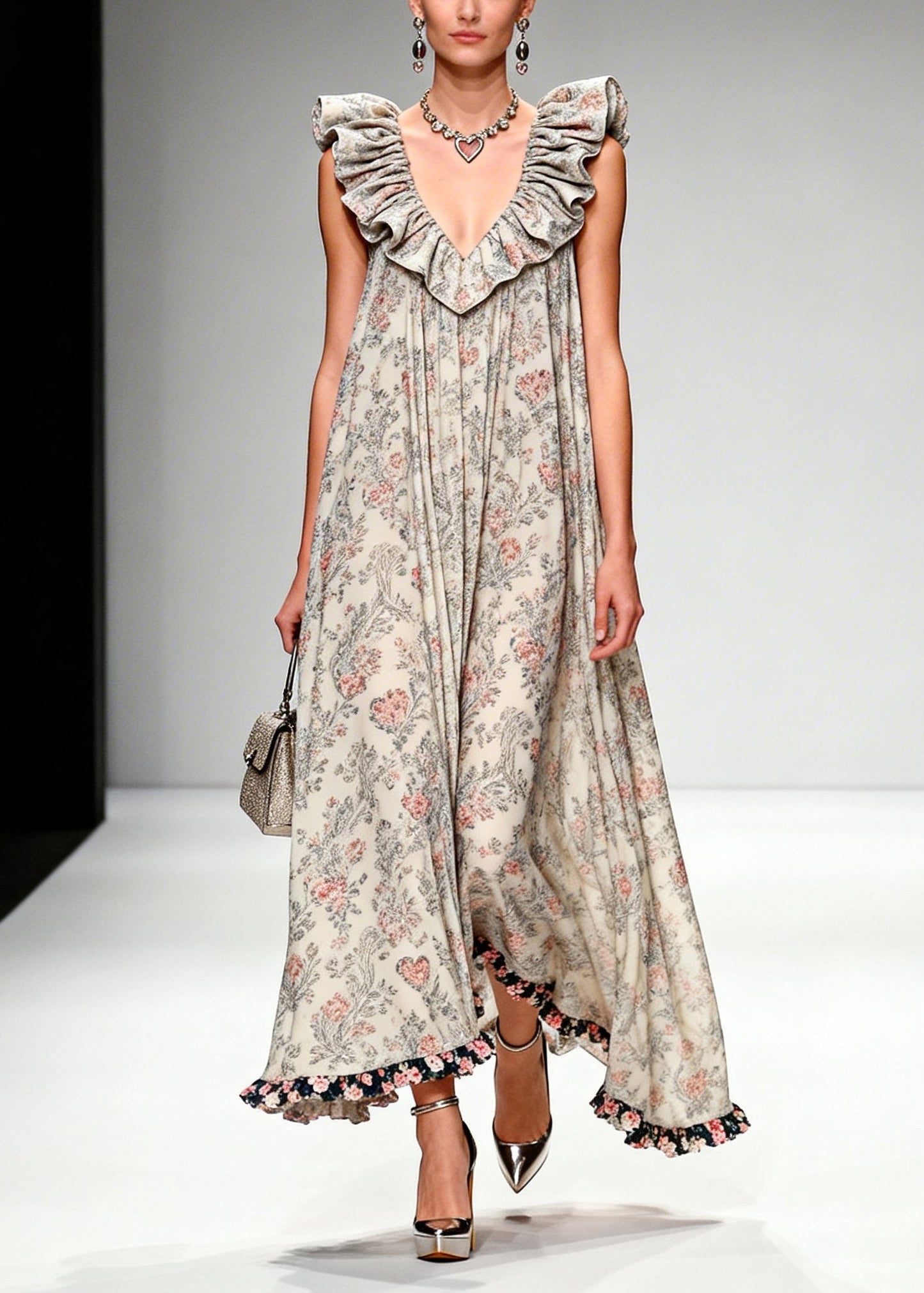 Apricot Ruffled Print Chiffon Maxi Dresses Sleeveless