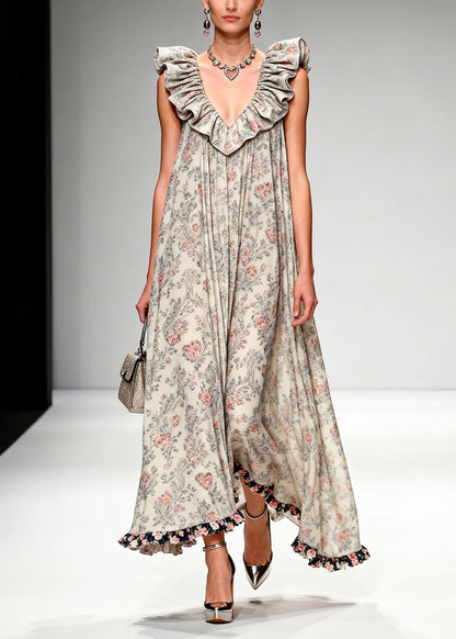 Apricot Ruffled Print Chiffon Maxi Dresses Sleeveless