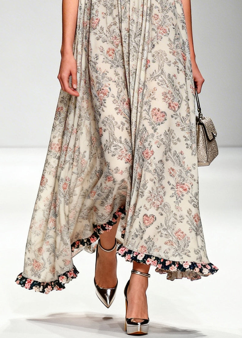 Apricot Ruffled Print Chiffon Maxi Dresses Sleeveless