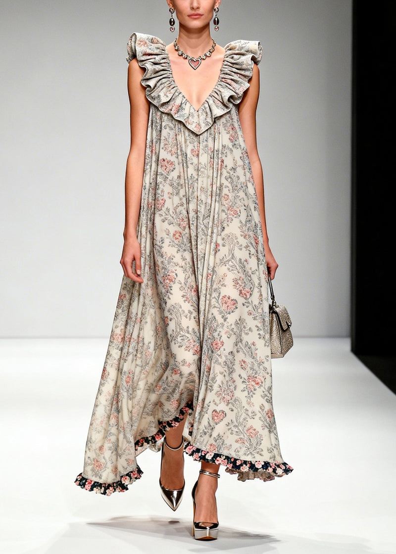 Apricot Ruffled Print Chiffon Maxi Dresses Sleeveless