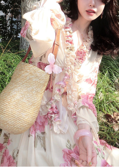 Apricot Ruffled Print Chiffon Two Pieces Set Spring
