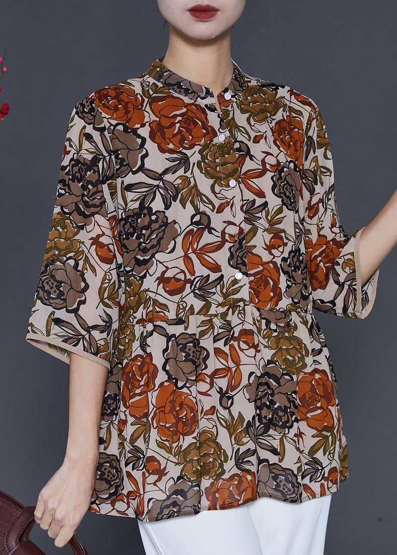 Apricot Stand Collar Print Chiffon Shirt Top Summer