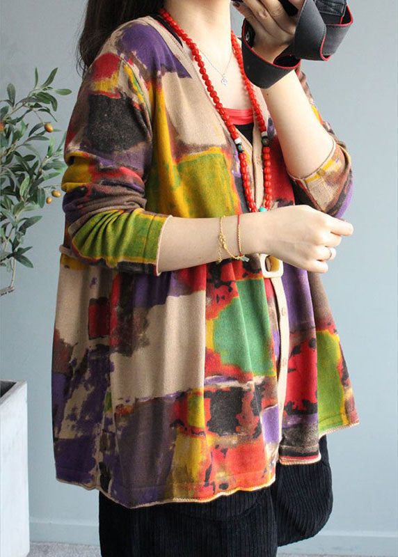 Apricot V Neck Print Button Fall Knit Sweater Coat