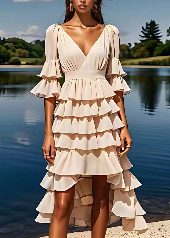Apricot V Neck Ruffled Low High Design Chiffon Dresses Flare Sleeve