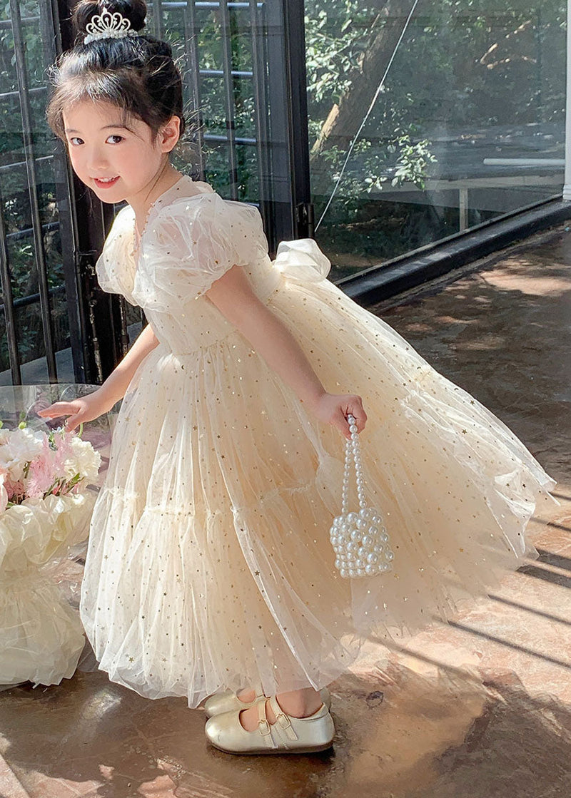 Apricot Wrinkled Sequins Patchwork Tulle Kids Dresses Summer